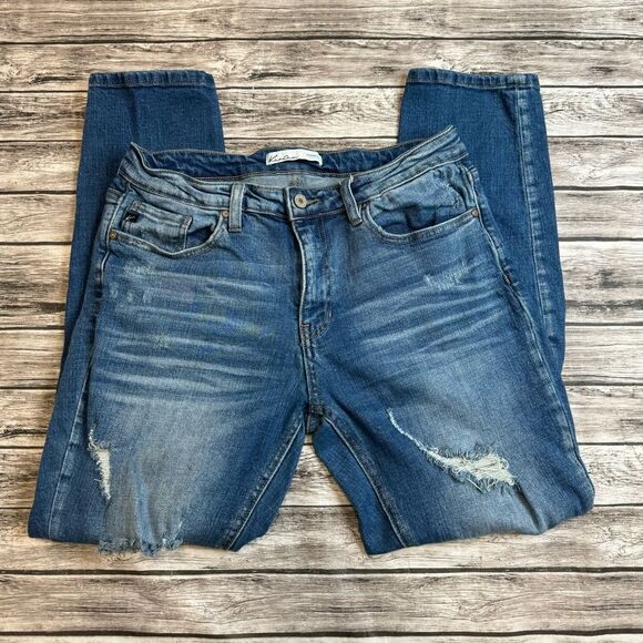 KanCan Women's Straight Leg Ripped Jeans 29 Medium Blue Distressed Ripped Trendy - Picture 1 of 12